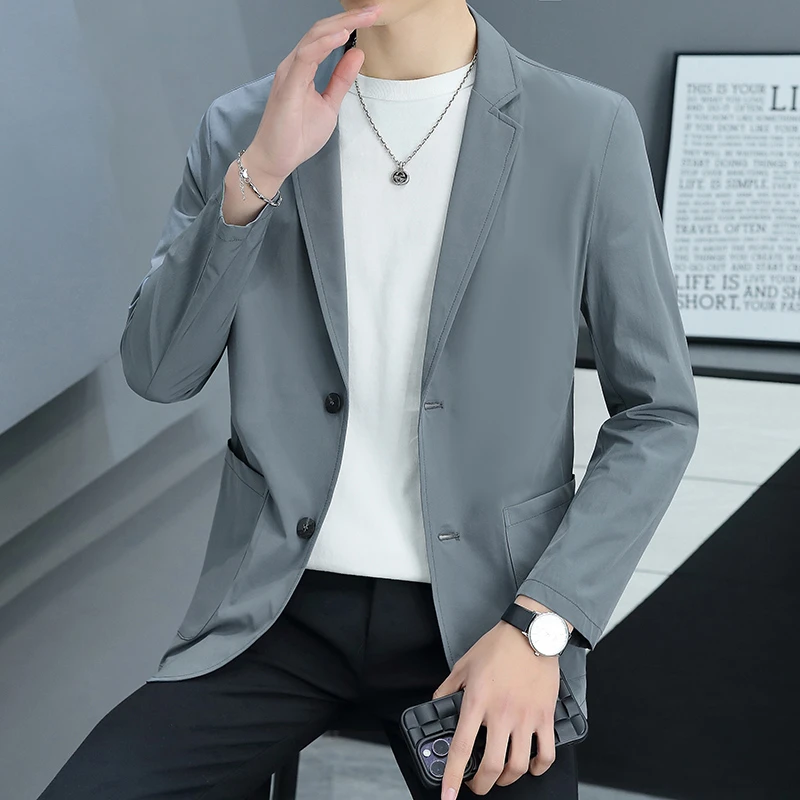 春秋款轻薄西服休闲薄款男士修身商务韩版纯色平驳领西装皮肤衣