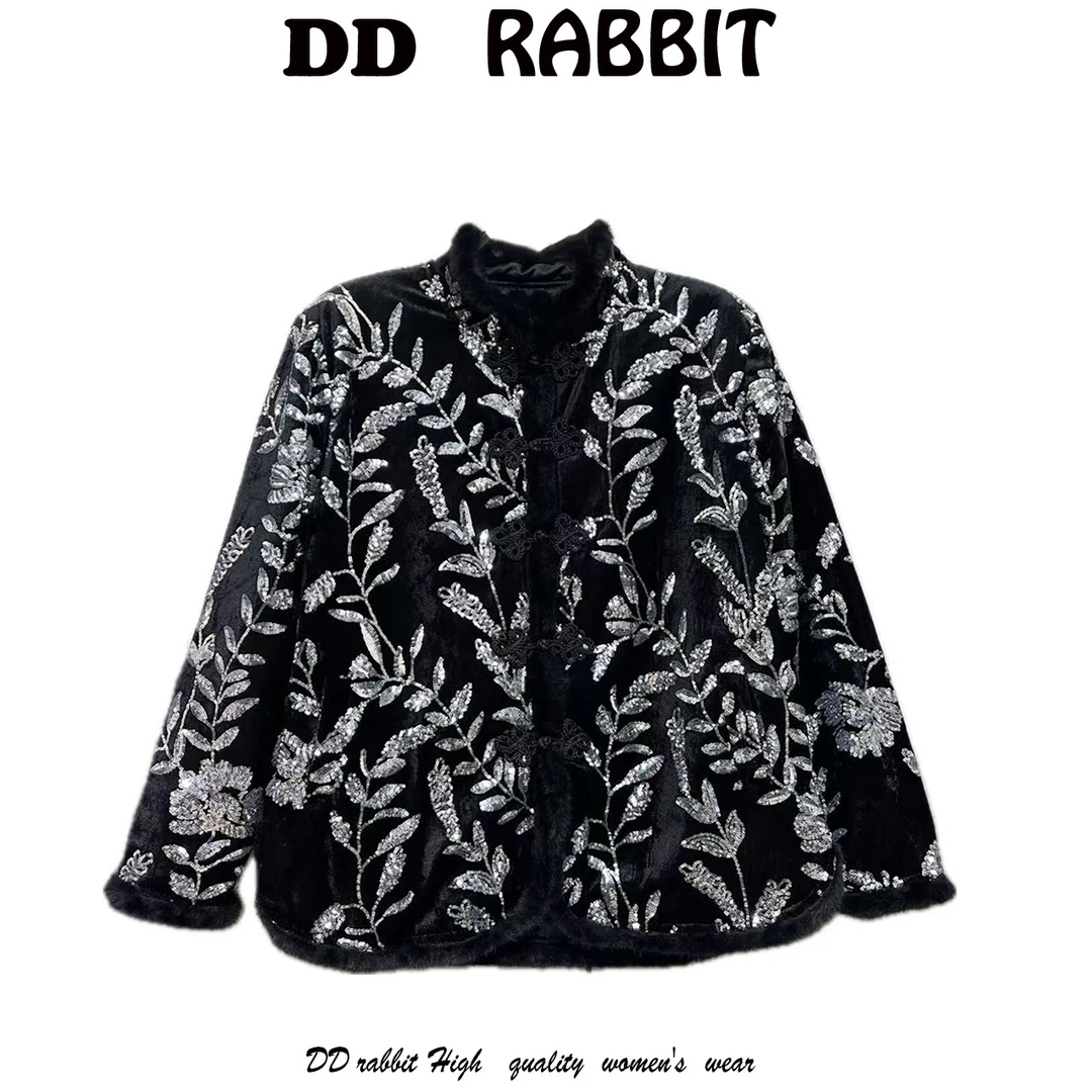 朵朵兔【冬宜雪】冬季新款加棉外套女亮片新中式国风大码设计师轻奢