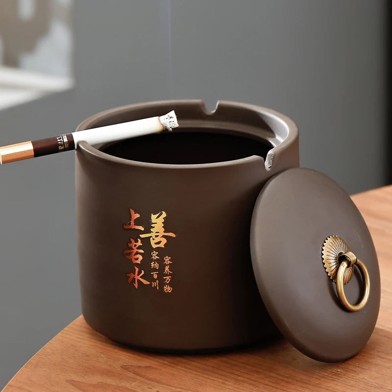 紫砂烟灰缸带盖防风复古家用客厅摆件防飞尘多功能烟灰缸陶瓷Z139