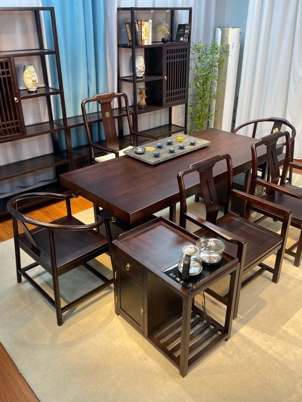 【工厂直销】乌金实木大板茶桌椅组合办公室客厅家用泡茶办公一体桌