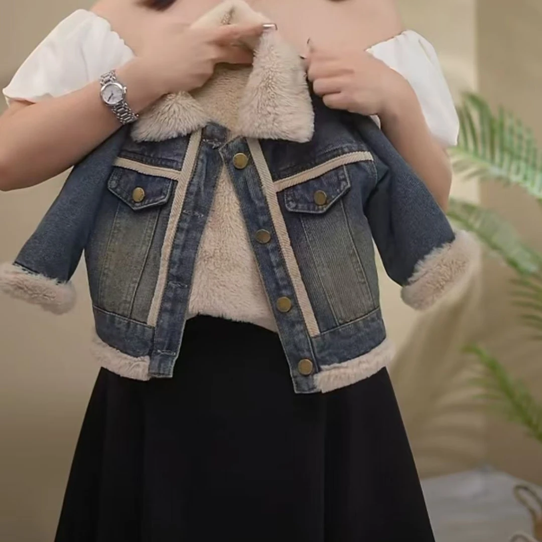 男女童加绒外套牛仔休闲拼接儿童装条纹韩版冬季冬加厚派克服时尚