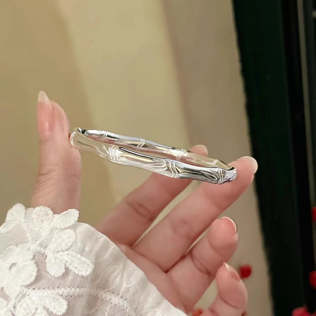 足银手镯 足银999竹节纯银手镯女实心闭口光面银手环国风生日礼物