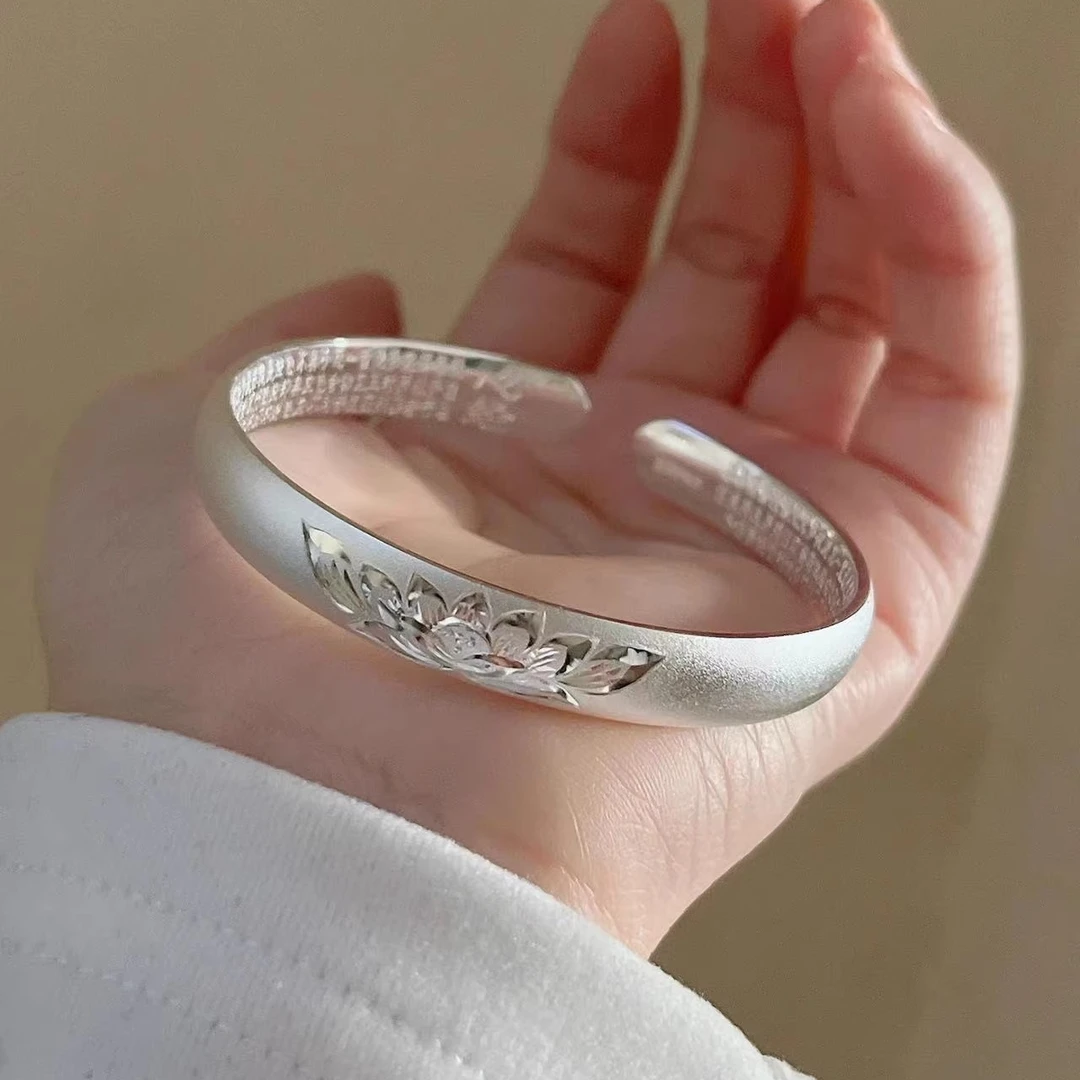 足银手镯 足银999莲花心经纯银手镯女实心银镯子送妈妈长辈生日礼