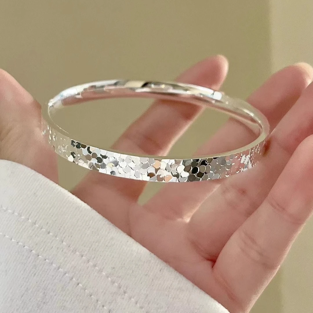 足银手镯 足银999碎冰冰银手镯女实心闭口光面银镯子手环生日礼物