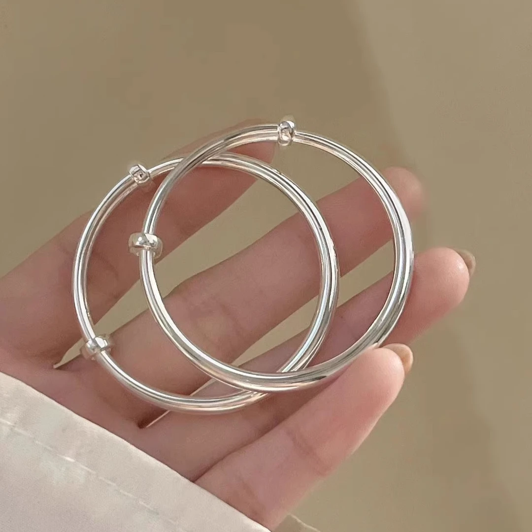 足银手镯 足银999光面宝宝纯银手镯实心推拉银镯子新生婴儿满月礼