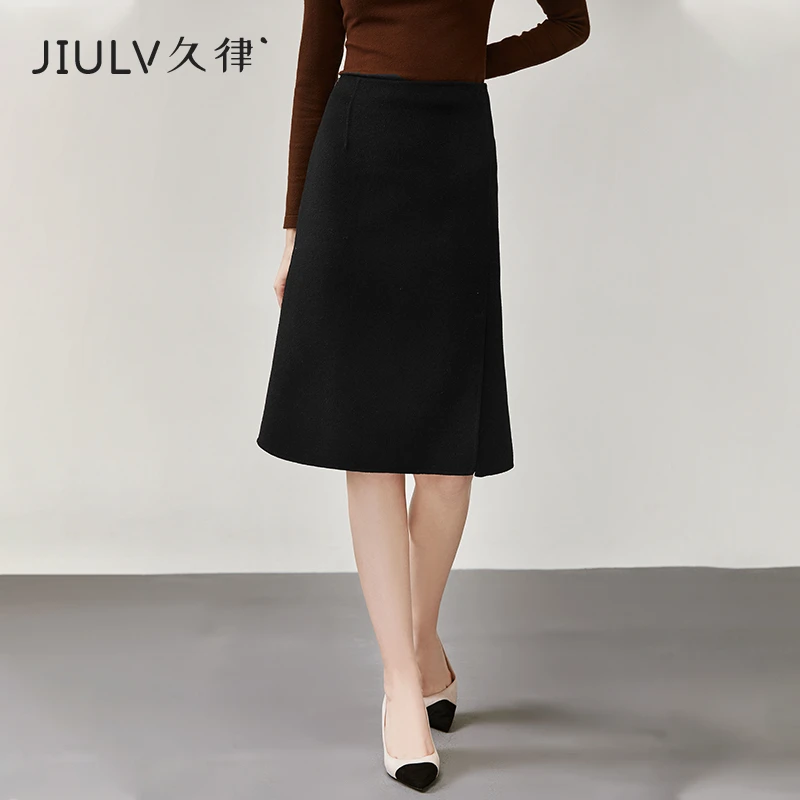双面羊毛半身裙女秋冬新款高腰大码开叉毛呢A字中长包臀裙子显瘦