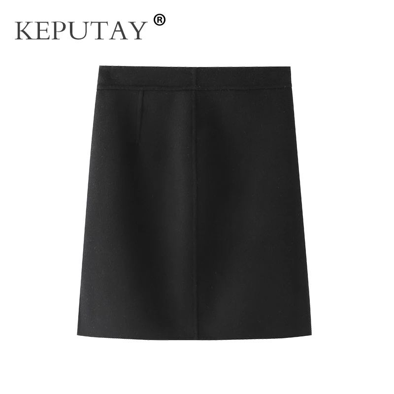 双面羊毛半身裙女秋冬新款大码高腰手工毛呢包臀裙黑色短裙子显瘦