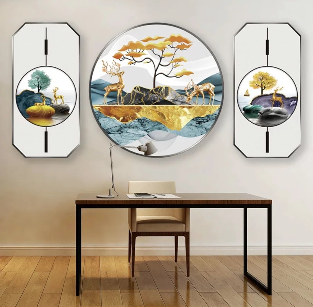 新中式客厅装饰画三联八边形圆形创意组合晶瓷画沙发背景墙挂画