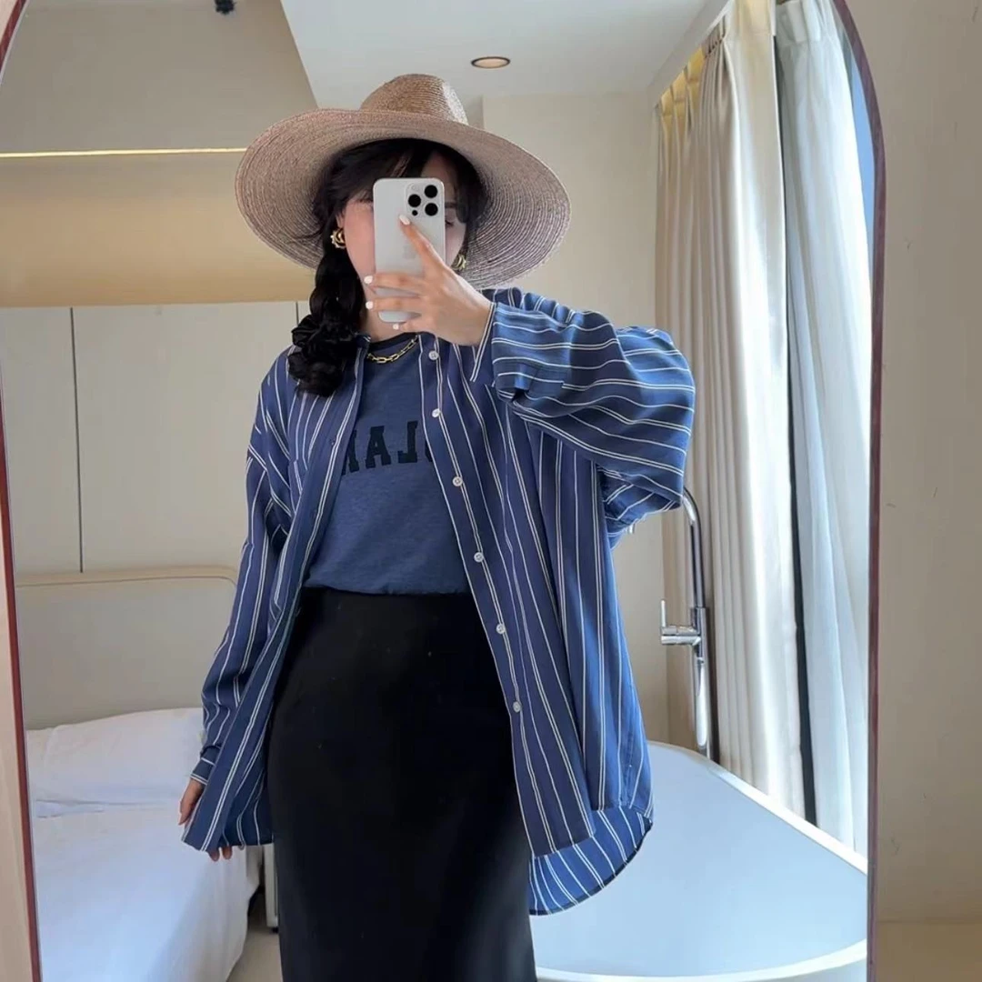 【Latti】摩洛哥风情-长袖蓝色休闲百搭春季潮流宽松条纹衬衫