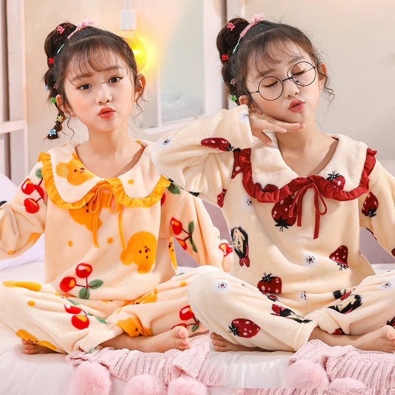 儿童睡衣女童秋冬季法兰绒公主风中大童加绒女孩珊瑚绒家居服套装