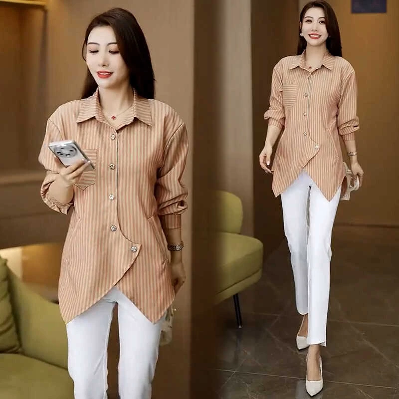 时尚条纹衬衫外套女2024春秋新款宽松休闲遮肚子不规则衬衣上衣潮