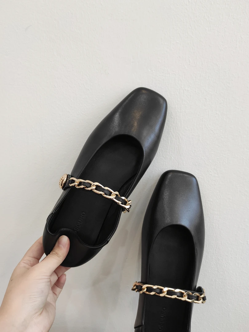 慕林娜 真皮法式方头链条玛丽珍鞋百搭时髦一脚蹬平底单鞋女 1589