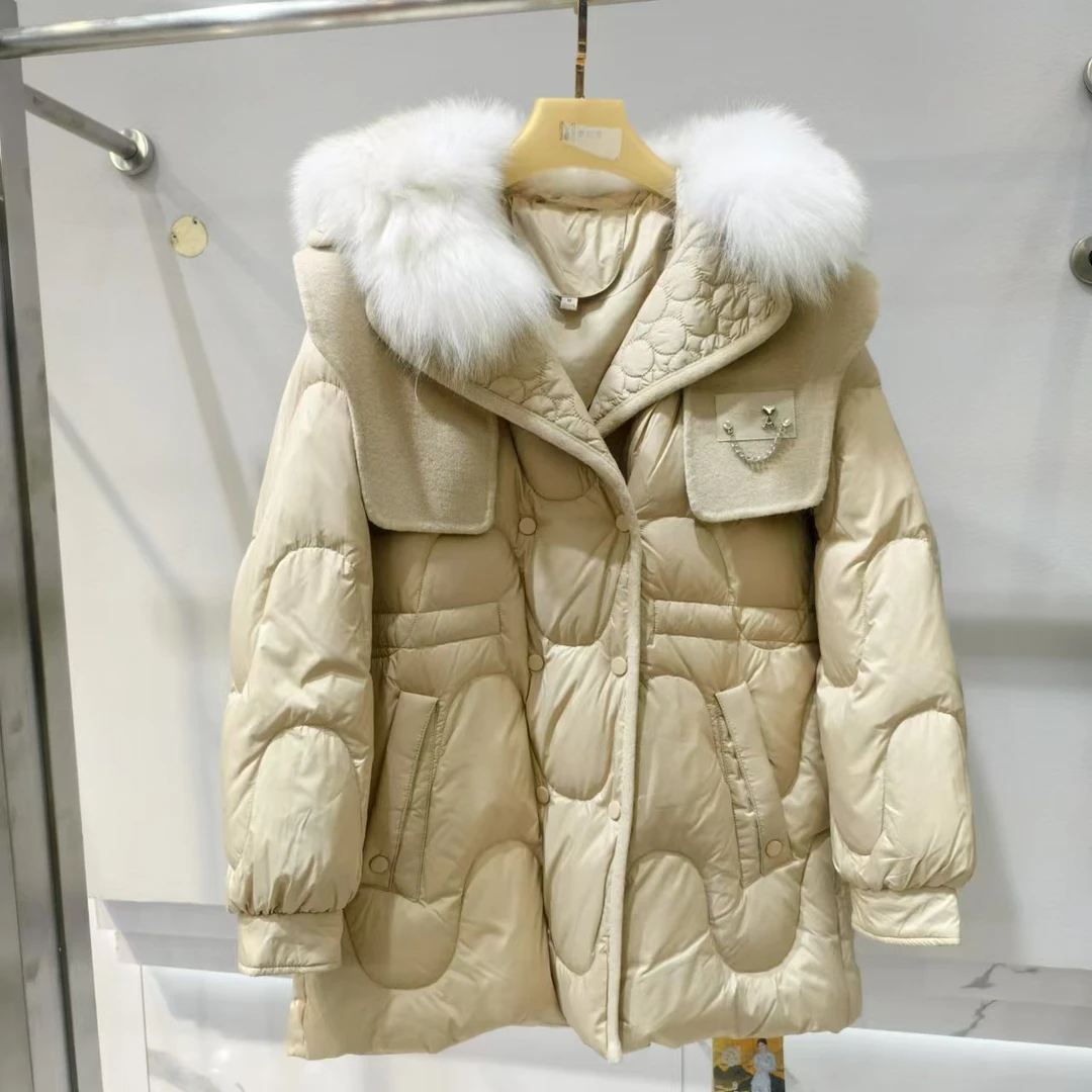 【大冬专属】高端大狐狸毛浅咖羽绒时尚2025年冬白鹅绒加厚羽绒服女