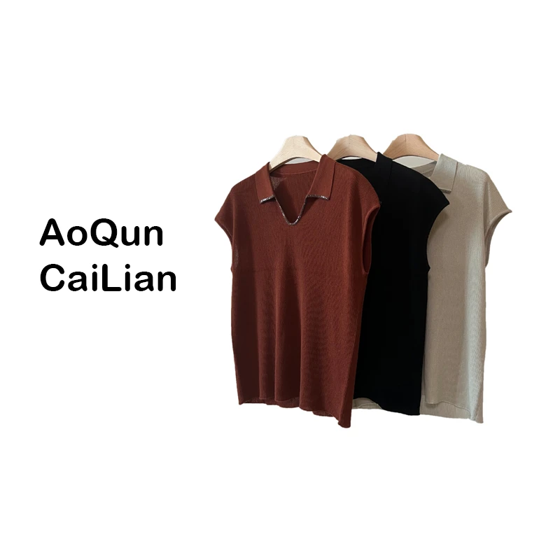 AoQunCaiLian秋冬气质简约时尚百搭翻领休闲毛衣针织衫-24051