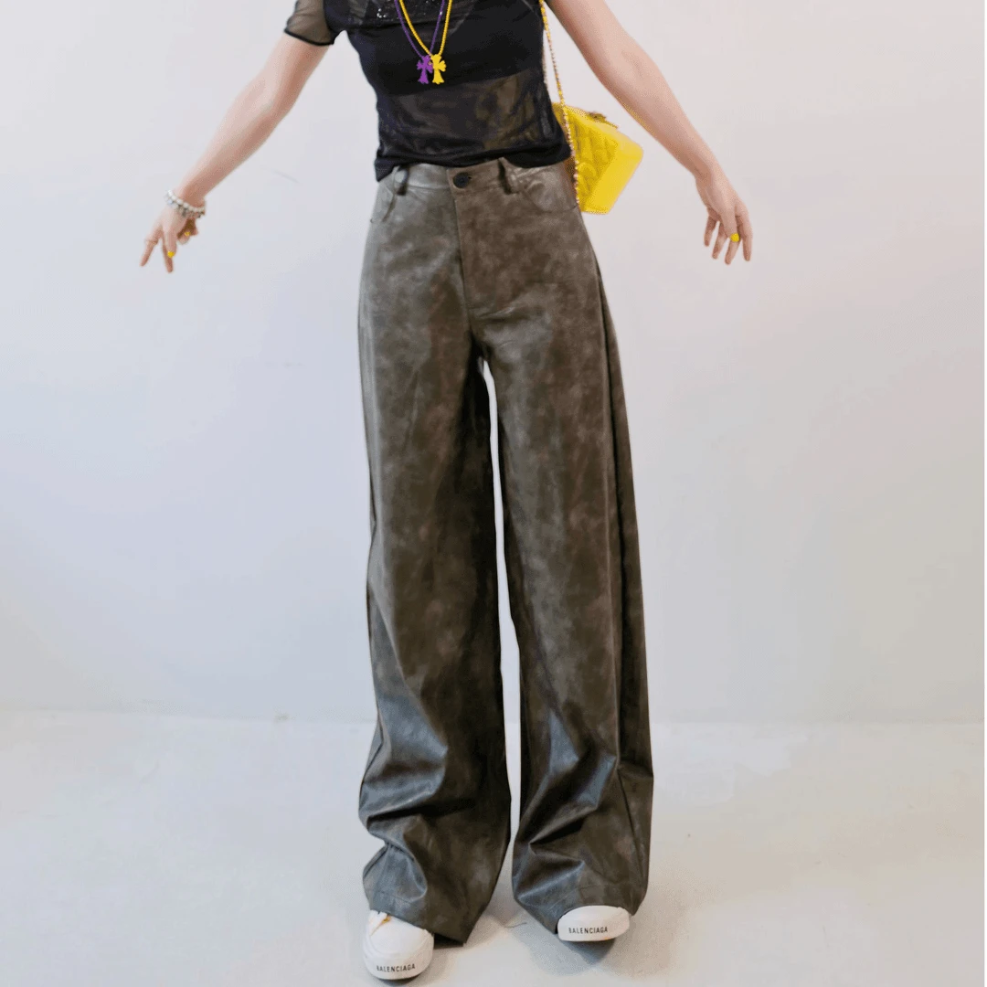 留下1992秋冬时髦慵懒扎染效果宽松PU皮裤女休闲直筒高个子加长裤