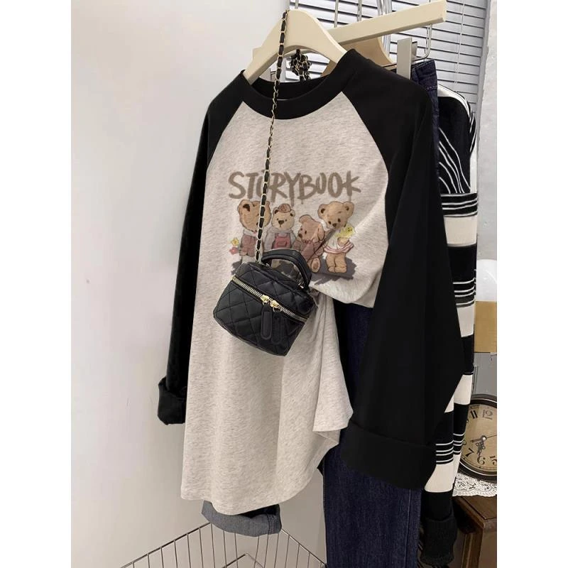 美式复古小熊纯棉大码长袖T恤女拼色胖MM打底衫薄款插肩袖上衣ins