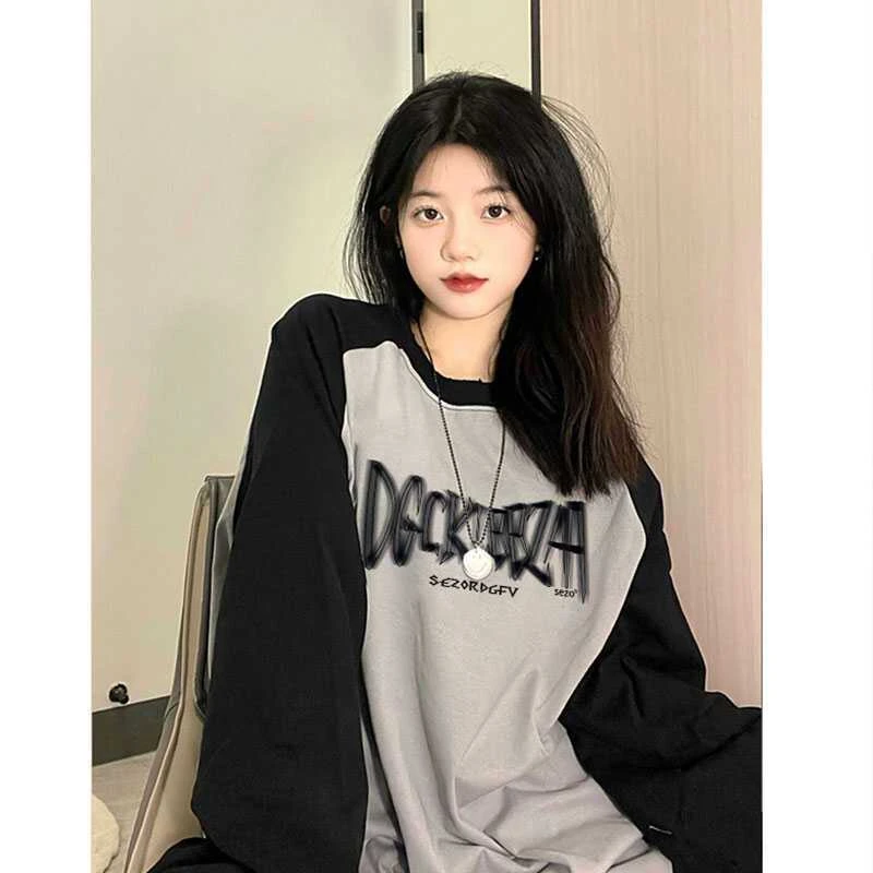 韩系chic复古大码纯棉长袖T恤女秋冬胖MM圆领拼色oversize插肩袖