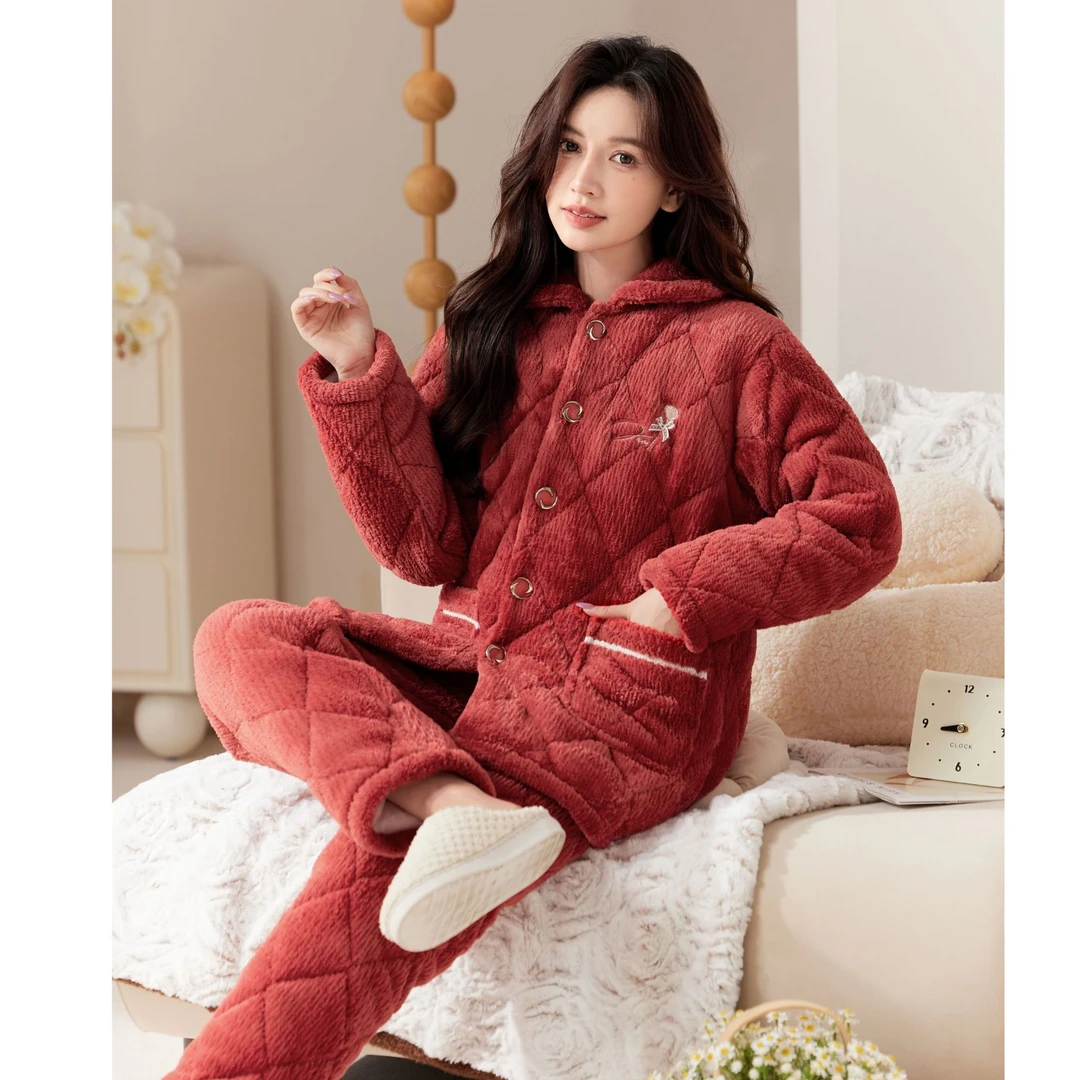 女士冬新款季加厚加绒华芙绒睡衣保暖夹棉时尚妈妈款家居服大码