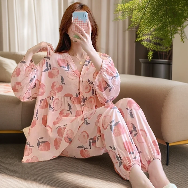 夏季棉绸新款开衫款女士宽松空调服睡衣薄款大码透气套装家居服