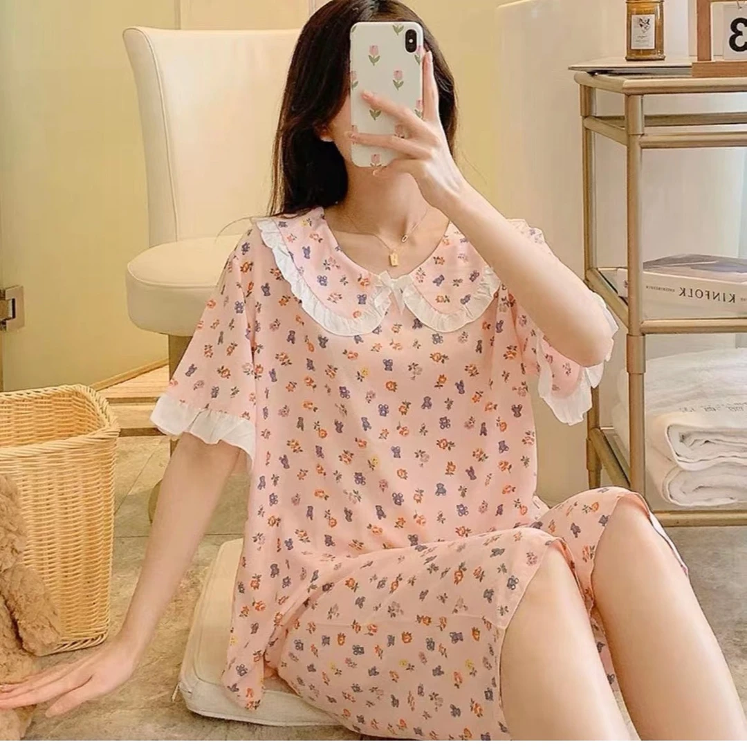 8302#新款娃娃领睡衣女夏天可外穿棉绸家居服学生绵绸人造棉套装