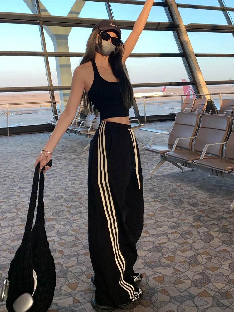 美式辣妹街头三条杠垂感阔腿裤女条纹宽松速干休闲运动裤休闲裤子