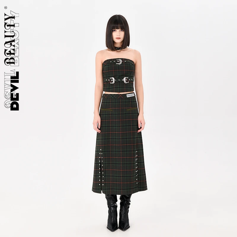 devilbeauty长款开衩格子半裙DBAF-SK039GN