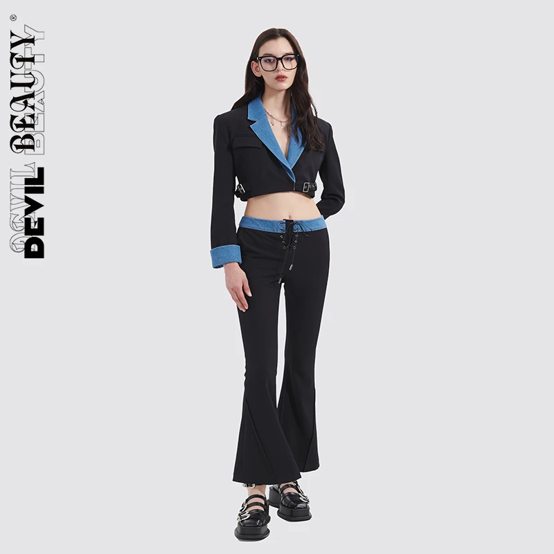 devilbeauty牛仔拼接系带喇叭长裤DBCF-PT017BL