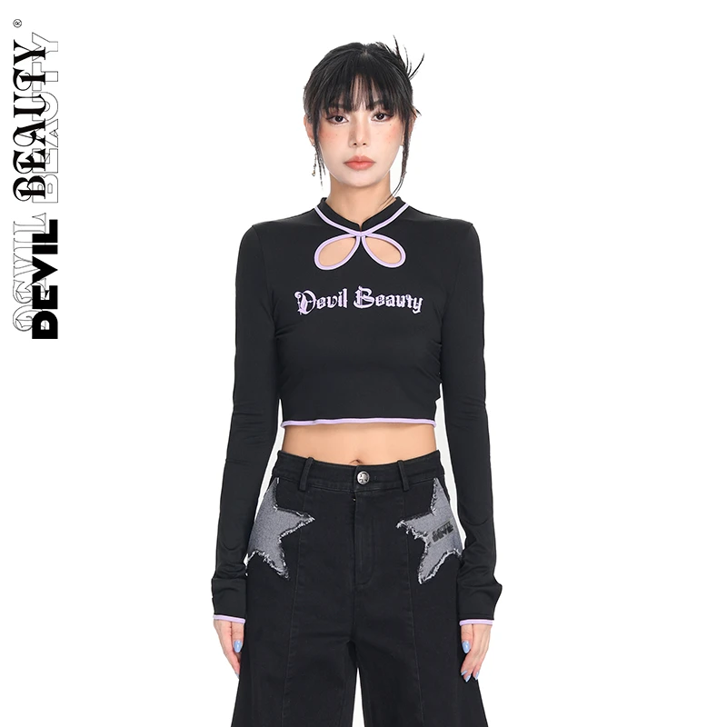 DevilBeauty复古镂空紧身时尚修身长袖T恤DBNS-TEE090