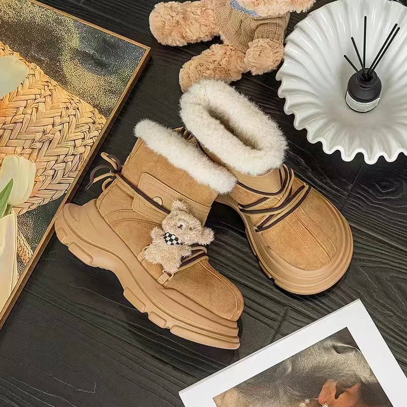 【鞠婧祎同款】雪地靴女厚底增高羊羔毛秋冬加绒绑带大头鞋靴W1393
