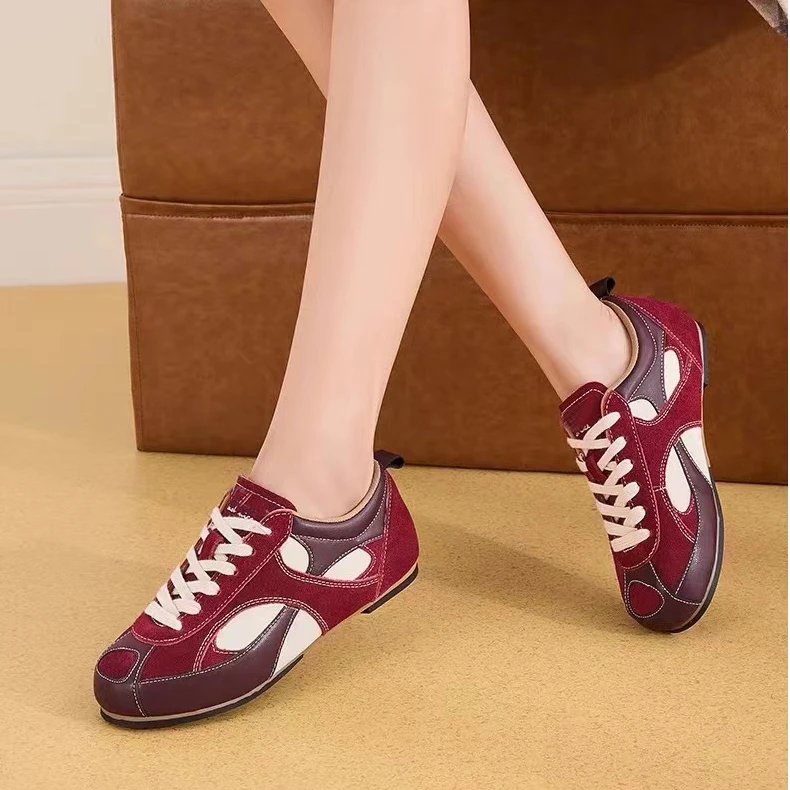 复古拼色酒红德训阿甘鞋百搭秋季新款真皮运动休闲鞋W556