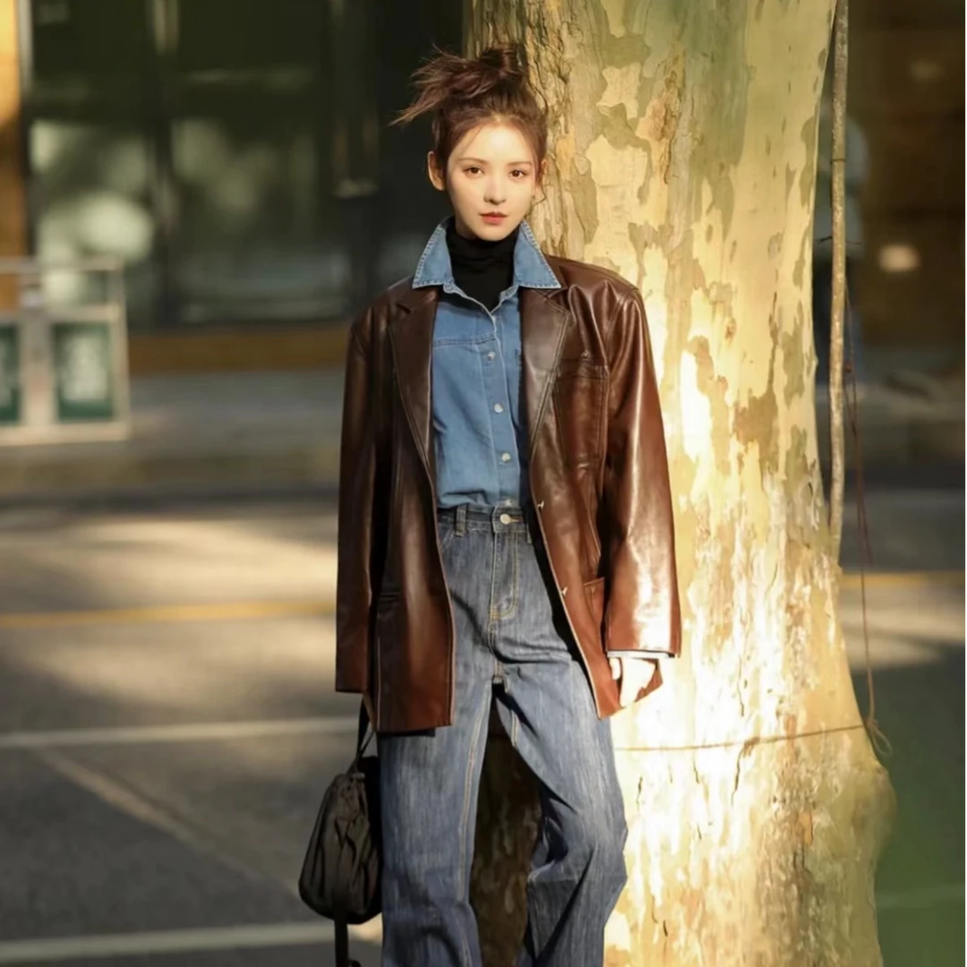 【明星张馨予同款】蛋白皮超软复古皮衣阔西装上衣女外套MS241797