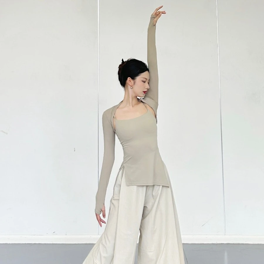 KK家裸感斜角单边带胸垫现代古典舞吊带显瘦修身练功舞蹈服女士