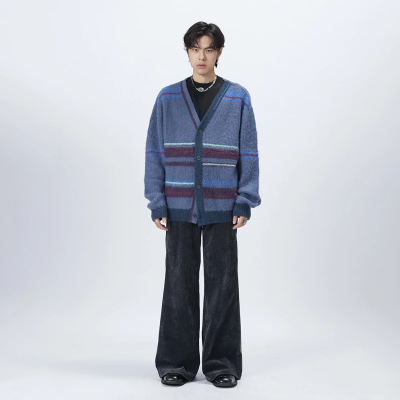 SONG41马海毛撞色条纹针织开衫男士潮牌宽松休闲外穿毛衣外套秋季