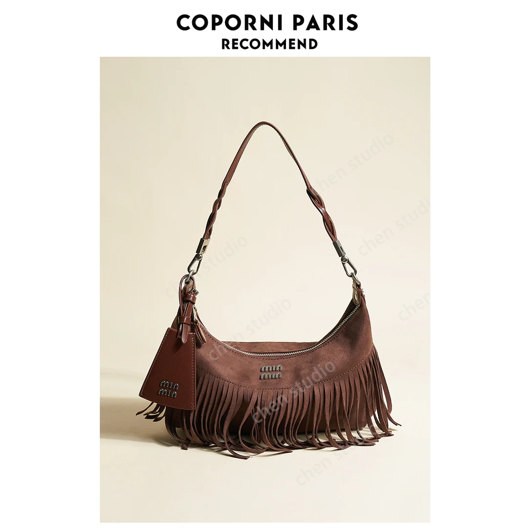 2024新款麂皮单肩包磨砂腋下包巧克力色百搭流苏包包