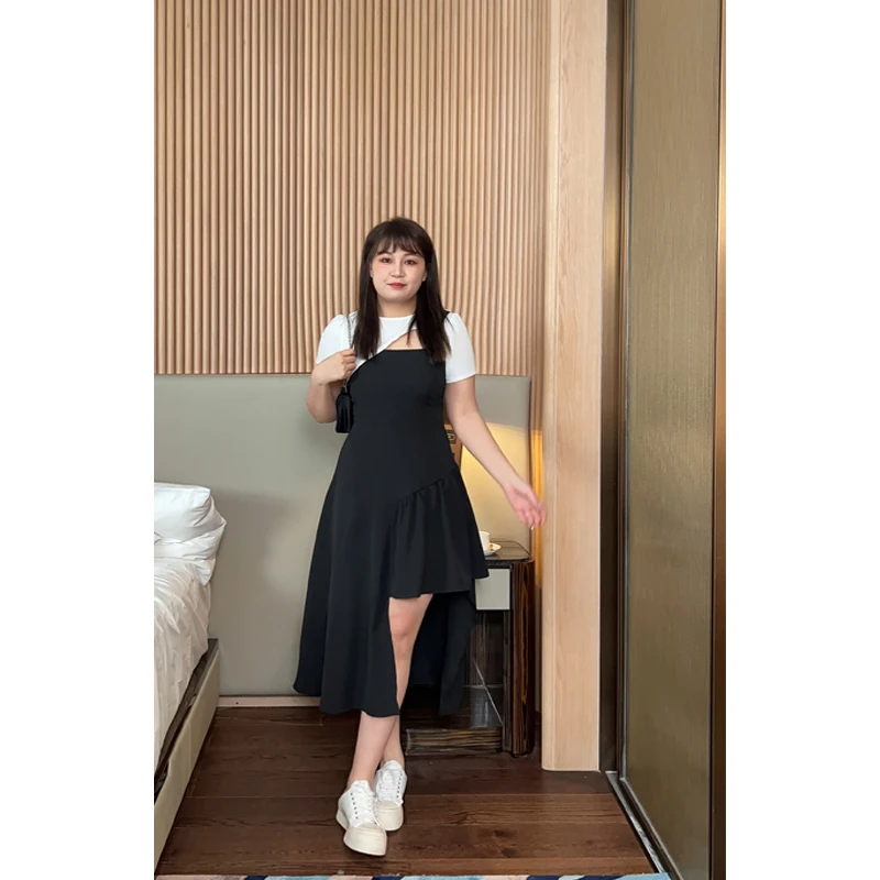 花菜微胖定制连衣裙拼接不规则长裙显高显瘦女神范穿搭HC053