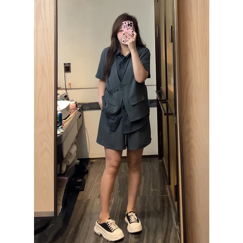 微胖定制~【副本人生】夏季西装式遮肉显瘦上衣短裤两件套LHC565