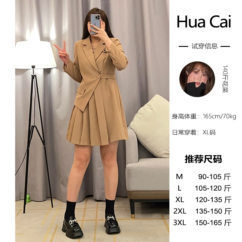 微胖定制~【奥斯丁】秋季小众长袖不对称百褶显瘦收腰连衣裙HC203