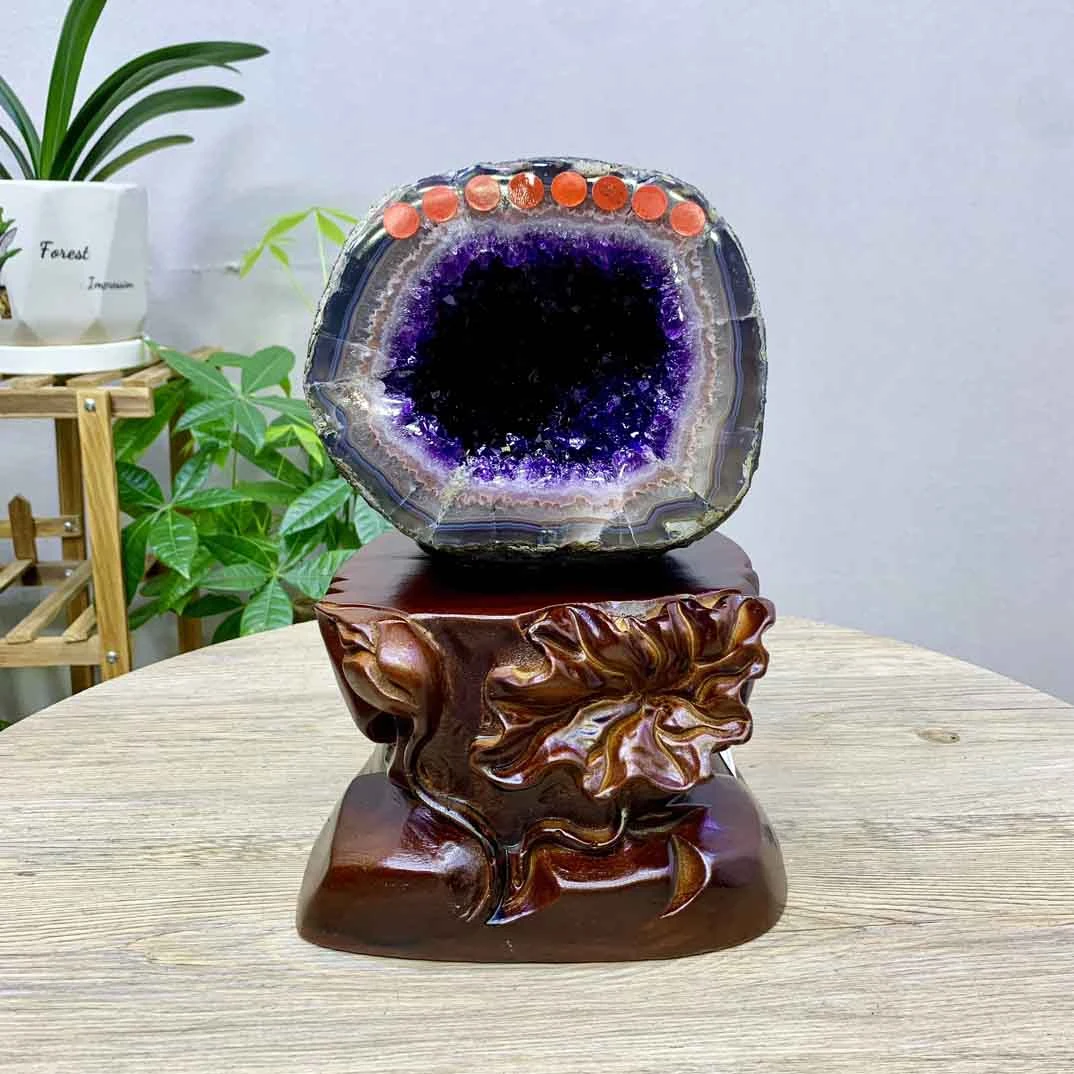 天然乌拉圭巴西紫晶洞聚宝盆钱袋子恐龙蛋紫晶簇黄开口笑精美