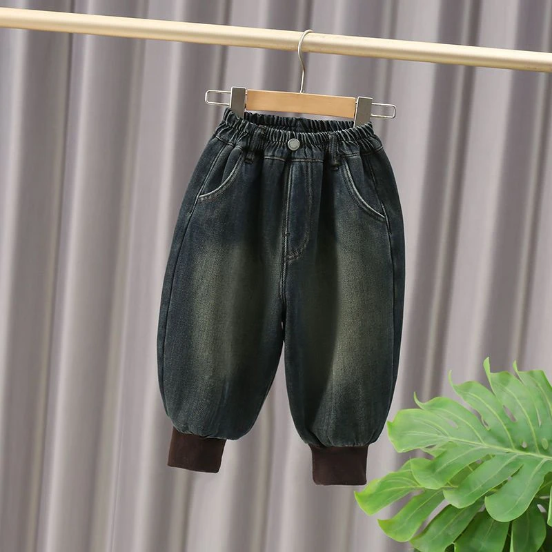 儿童冬季加绒牛仔裤男女童宽松束脚休闲裤中小童秋冬款一体绒裤子