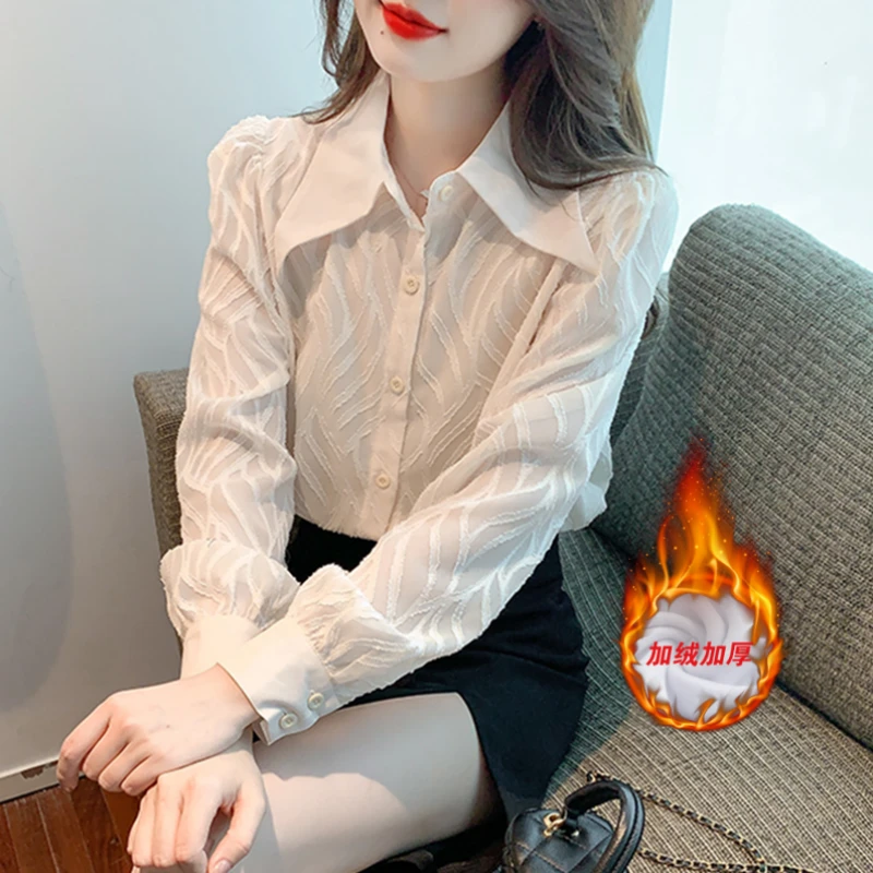 2023年春秋新款百搭Polo领雪纺衬衫女小众法式气质洋气长袖上衣