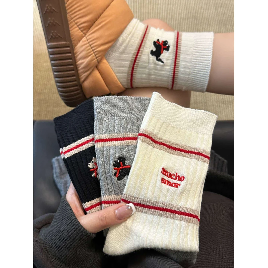 韩系AB脚设计条纹撞色围脖小狗中筒袜春秋双针英文堆堆yj