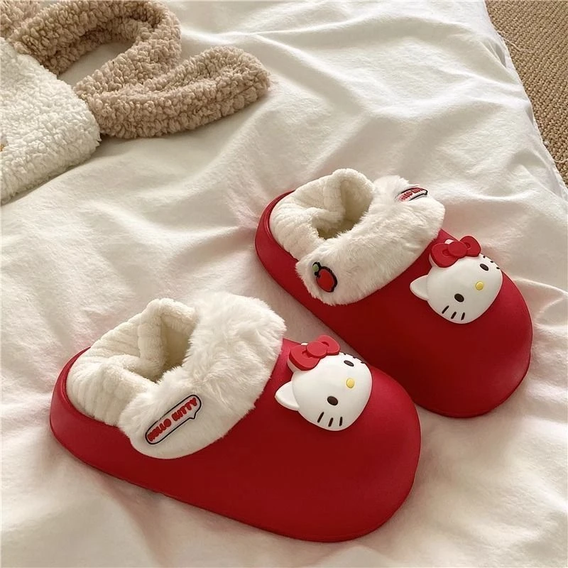 红色凯蒂猫~INS卡通美乐蒂厚底棉拖鞋冬季外穿保暖包头毛毛拖yw