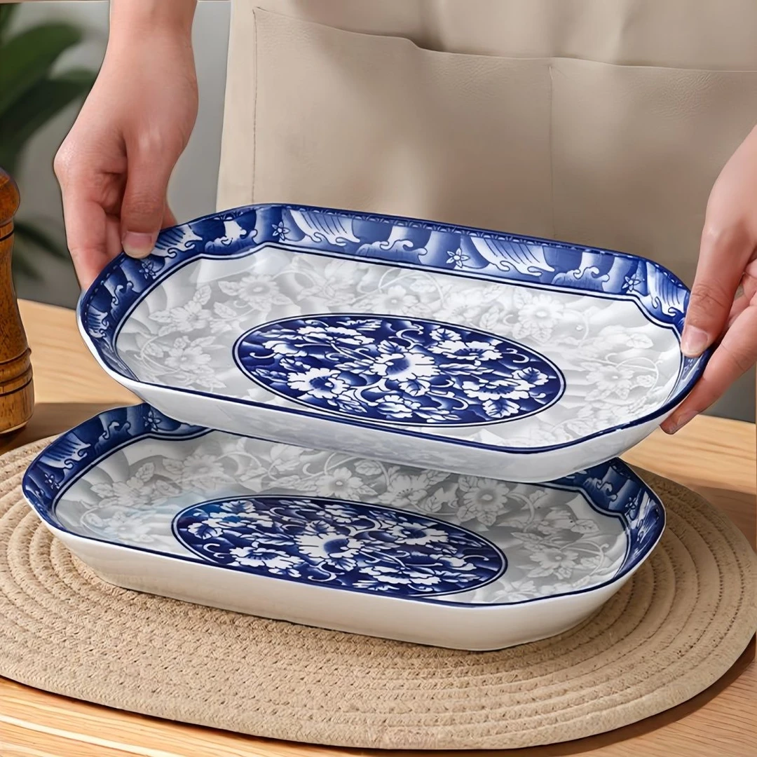 釉下彩鱼盘家用青花瓷清蒸鱼盘长盘高颜值盘子大号红烧鱼陶瓷yw