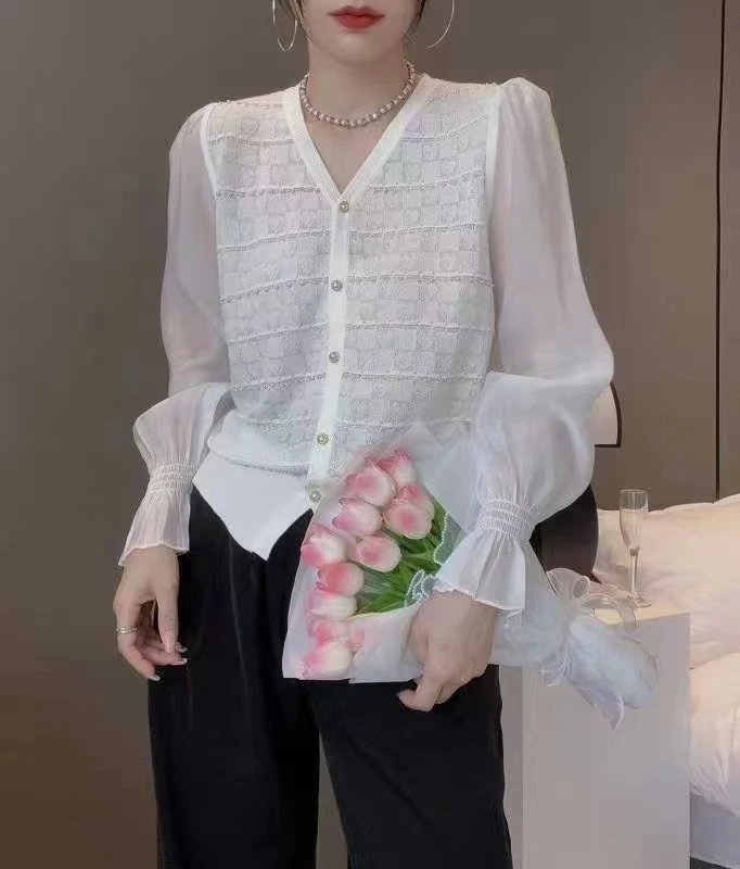 3403#小香风气质长袖针织时尚百搭早秋法式夏季长袖衬衫