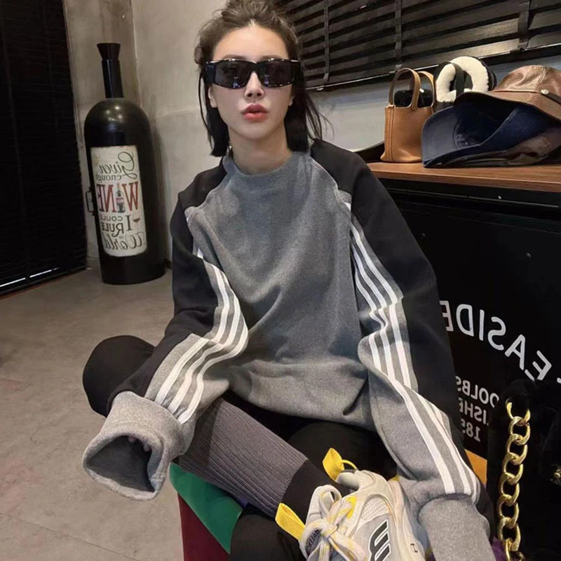 美式时尚拼色条纹灰色加绒卫衣女2024秋冬新款设计感小众遮臀上衣