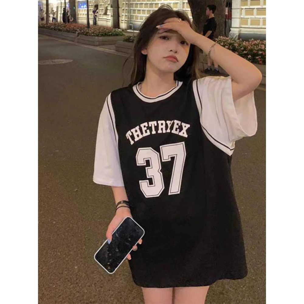 美式拼接假两件篮球服黑色t恤女夏季短袖中长款bf宽松大码上衣潮