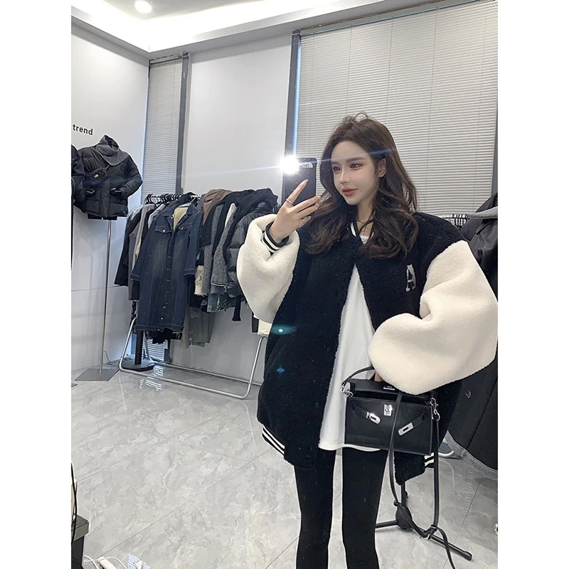 2025新款拼色撞色羊羔绒外套女装百搭夹克学院风加绒小个子上衣