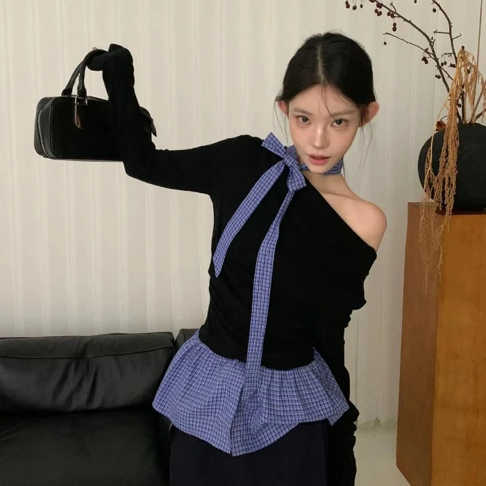 黑色假两件拼接格子修身T恤网红爆款女装早秋斜肩长袖上衣服+飘带