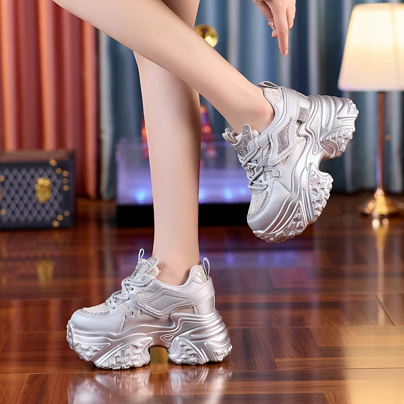 【增高9CM】小个子厚底老爹鞋女2025夏秋季新款水钻松糕运动休闲鞋