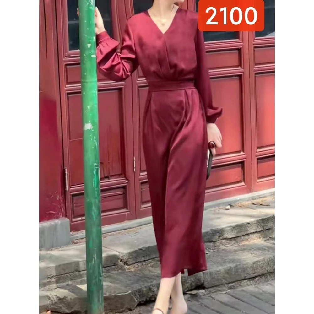 2100-25新款女士V领长袖连衣裙